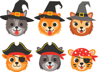 A collection of cute cartoon cat heads wearing Halloween witch and pirate hats.