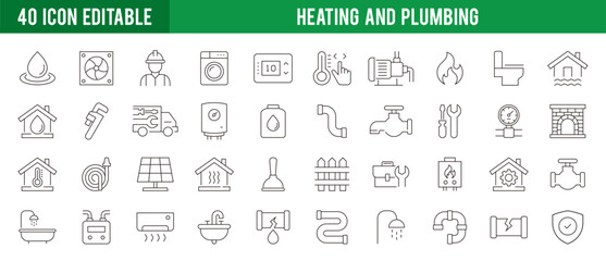 Collection of heating and plumbing icons. Pipes, bathrooms, ventilation, cooling, and heaters. Vector design template EPS 10.