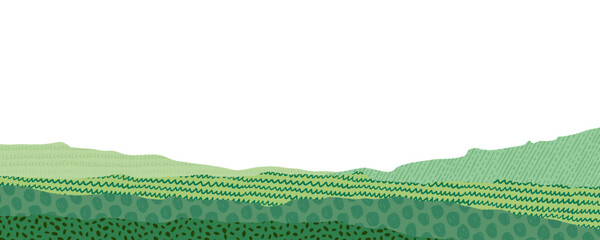 Rice field collage agriculture texture for abstract farm background. Farmland landscape illustration with textures and patterns. Agro banner in Asian style. Rural Vietnam or Tuscany aesthetic.