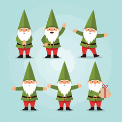 A collection of six cute cartoon Christmas gnomes with long white beards and pointy green hats.