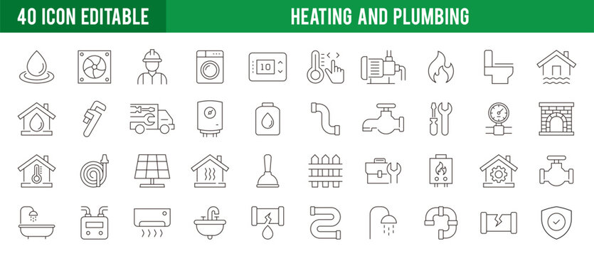 Collection of heating and plumbing icons. Pipes, bathrooms, ventilation, cooling, and heaters. Vector design template EPS 10.