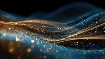 glittering blue gold particles wave abstract background