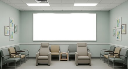 A clean, modern waiting room with various seating arrangements and blank display screen.