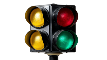 Traffic Light Signals: A traffic light shows green, red, and yellow signals. These symbols represent the universal system that guides the flow of traffic on the road, ensuring safety and order.