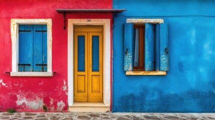 windows on the red and blue painted facade of the house colorful architecture in burano island venice italy no logos no brands ar 169