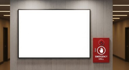 A blank white screen hangs on a textured wall next to a red emergency call box in a hallway.
