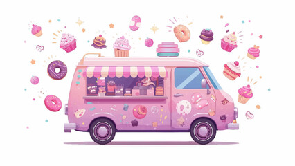 Whimsical Ice Cream Truck Surrounded by Floating Cupcakes, Donuts, and Macarons