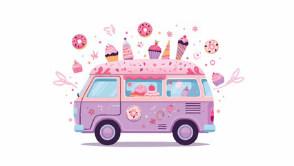 Whimsical Ice Cream Truck Surrounded by Floating Cupcakes, Donuts, and Macarons