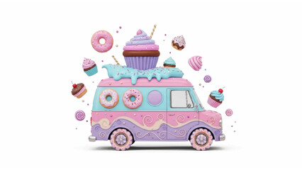 Whimsical Ice Cream Truck Surrounded by Floating Cupcakes, Donuts, and Macarons