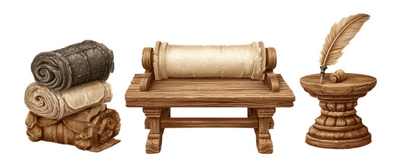 Vintage Writing Tools with Scrolls and Quill on Transparent Background