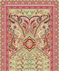 Ornate Paisley and Floral Textile Pattern with Symmetrical Borders on Light Background