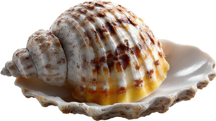 Seashell's Sanctuary: A close-up showcases a beautifully patterned seashell, nestled gently within the embrace of its own natural, delicate shell. The textures and tones create a serene scene.