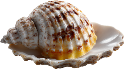 Seashell's Sanctuary: A close-up showcases a beautifully patterned seashell, nestled gently within the embrace of its own natural, delicate shell. The textures and tones create a serene scene.