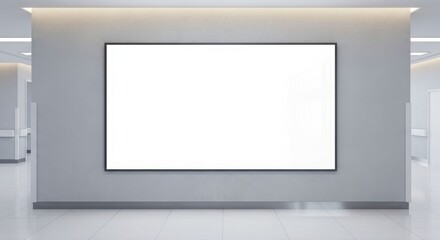 A blank white screen framed on a gray wall in a modern, well-lit hallway.