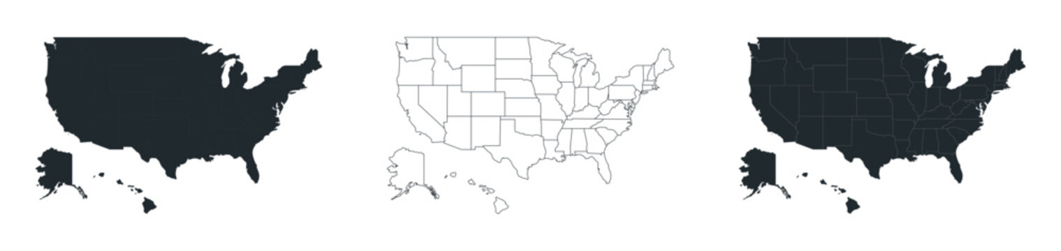 Set of United States of America maps. Collection of USA map silhouette, outline with state borders, and detailed political map