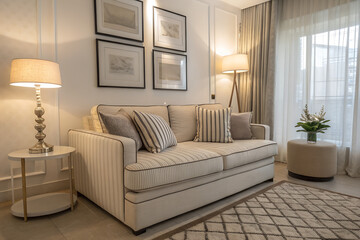 A modern minimalist living room corner featuring comfortable sofa with lamp and table and interior plant , modern living room  