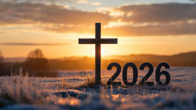 Wooden cross and 2026 numbers at sunrise over frosty field symbolizing faith hope Jesus God and new spiritual beginnings