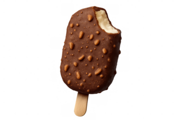 Ice cream popsicle on a stick with a crunchy chocolate and almond coating, showing a bite taken, isolated with transparent background