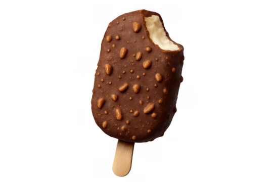 Ice cream popsicle on a stick with a crunchy chocolate and almond coating, showing a bite taken, isolated with transparent background - Powered by Adobe
