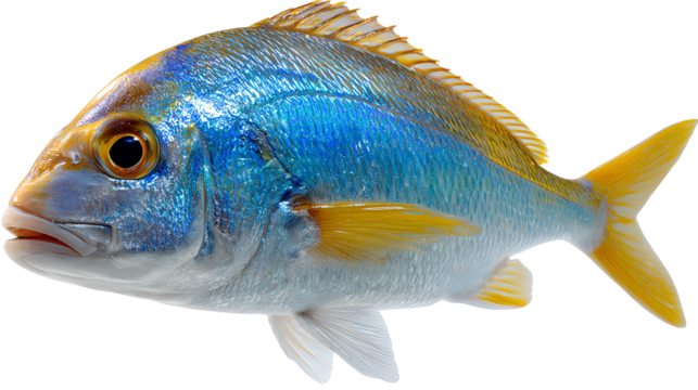 Yellowtail Snapper's vibrant hues: A stunning close-up of a Yellowtail Snapper showcases its vibrant, eye-catching yellow tail and fins contrasted against its azure blue body