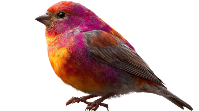 Radiant Plumage: A close-up view of a vibrant bird showcasing an array of colors, from fiery orange to rich purple, perched with delicate grace.