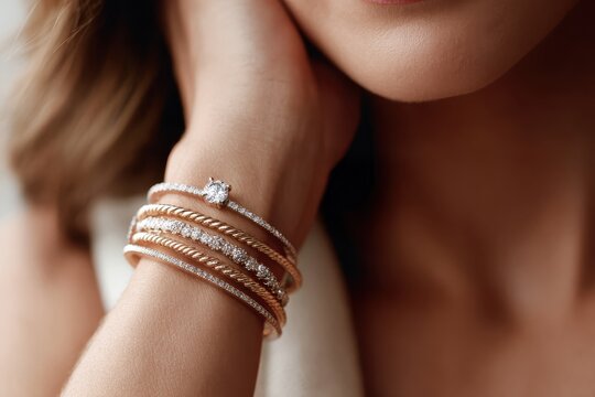 Woman wears multiple sparkling diamond and gold bangles on her wrist.