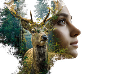 The Nature Within: A creative composition blending the serenity of nature with human introspection. A gentle profile, interwoven with elements of the wild: a majestic deer, lush forest.