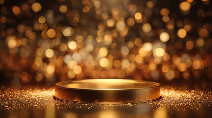 a golden circular podium is illuminated by soft warm lights the background features a bokeh effect with shimmering golden orbs creating a festive atmosphere