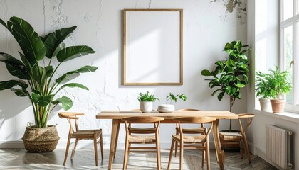 Obraz premium Bright Dining Room with Plants and Wooden Table.