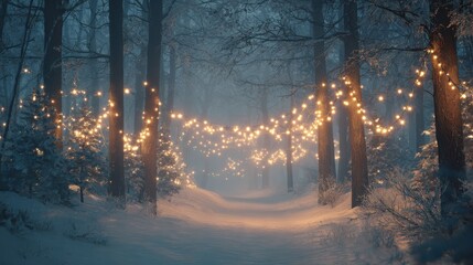 christmas lights illuminating snowy path through misty winter forest