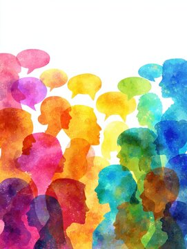 diverse colorful thinking and speech bubbles surrounding a panoramic banner of silhouetted community members heads representing dynamic team collaboration and effective communication illustration