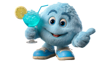 Whimsical Delight: A cheerful blue character joyfully holds a refreshing blue drink with a lemon slice, its infectious grin promising a delightful experience.