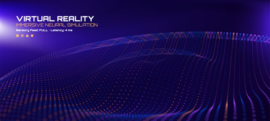 Virtual reality immersive neural simulation display with dot wave. Abstract futuristic digital background for technology and metaverse.