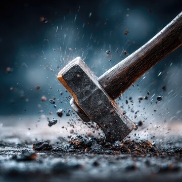 Hammer strikes dark ground creating dust and debris.