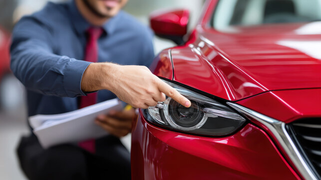 Professional insurance agent makes careful car damage estimate after an accident. His focused expression shows dedication while checking vehicle for an insurance claim report