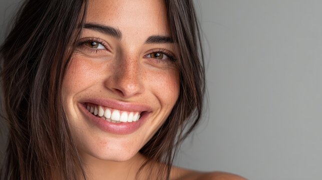 close up face of young woman with beautiful smile isolated on grey wall with copy space successful multiethnic girl latin woman looking at camera against gray wall with a big whitening teeth smile no
