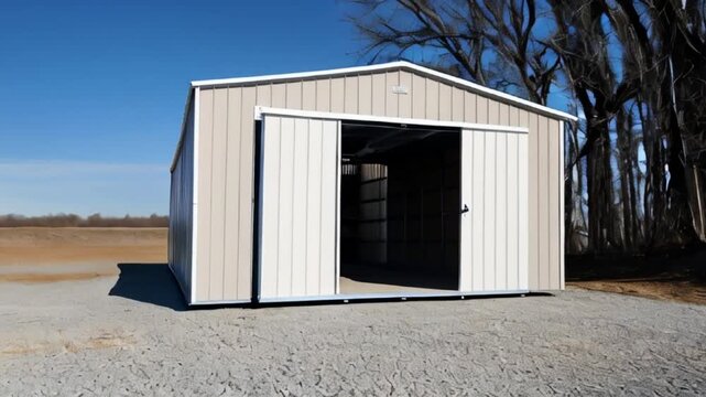 large metal storage shed or garage with an open garage door, set on a gravel or dirt surface against a clear blue sky created with generative ai