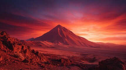 Fiery sunset illuminates a conical mountain and rocky terrain.