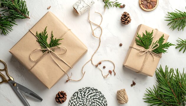 Overhead shot of wrapped gifts with natural, festive decorations, and tools