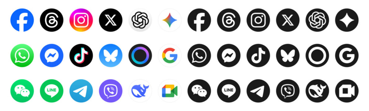 social media icon set social network logos , facebook, instagram, x, whatsapp, google meet, bluesky, tiktok, icon . artificial intelligence ai apps: chatgpt, deepseek, gemini, meta ai, logo, icons