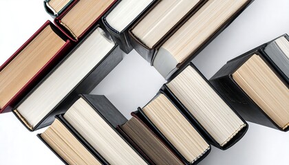 Overhead shot of a collection of books, arranged in a scattered pattern