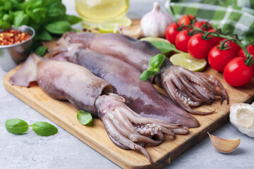 Fresh raw squids, tomatoes, lime and spices on grey table, closeup