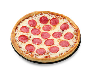Delicious pepperoni pizza isolated on white. Tasty fast food