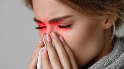 Woman experiencing nasal discomfort and symptoms. Concept of viral disease, cold, red nose and eyes.