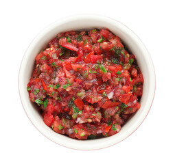 Delicious salsa sauce in bowl isolated on white, top view