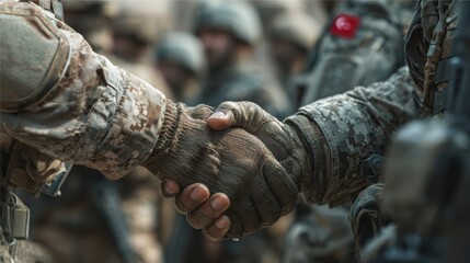 Fototapeta premium military negotiation scene with symbolic handshake military technology israel seeks us help to prevent turkish military escalation future of warfare defense strategies