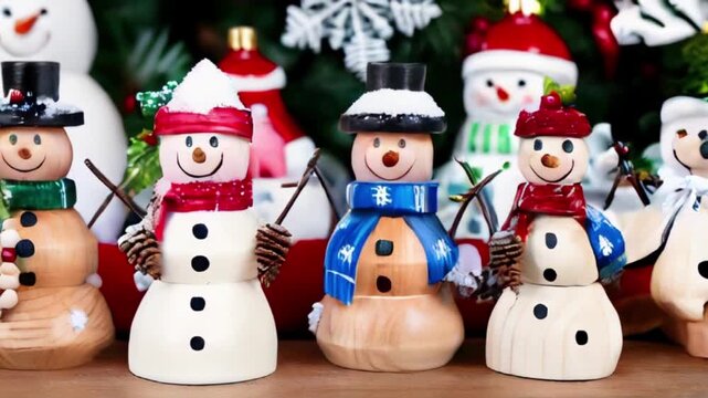 A group of snowman figurines made of wood and other materials, decorated with snow, berries, and other festive elements, against a background of Christmas decorations created with generative ai
