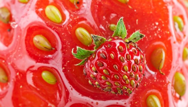 Macro close-up of a ripe, juicy strawberry with small fruitlet