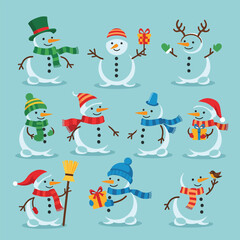 A festive collection of ten illustrated snowman characters wearing colorful winter hats scarves and accessories.