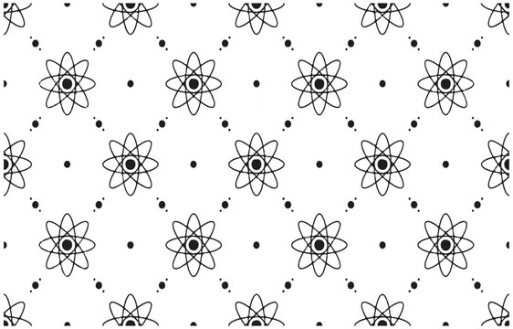 Black atom symbols and dots in a repeating diamond pattern seamless geometric